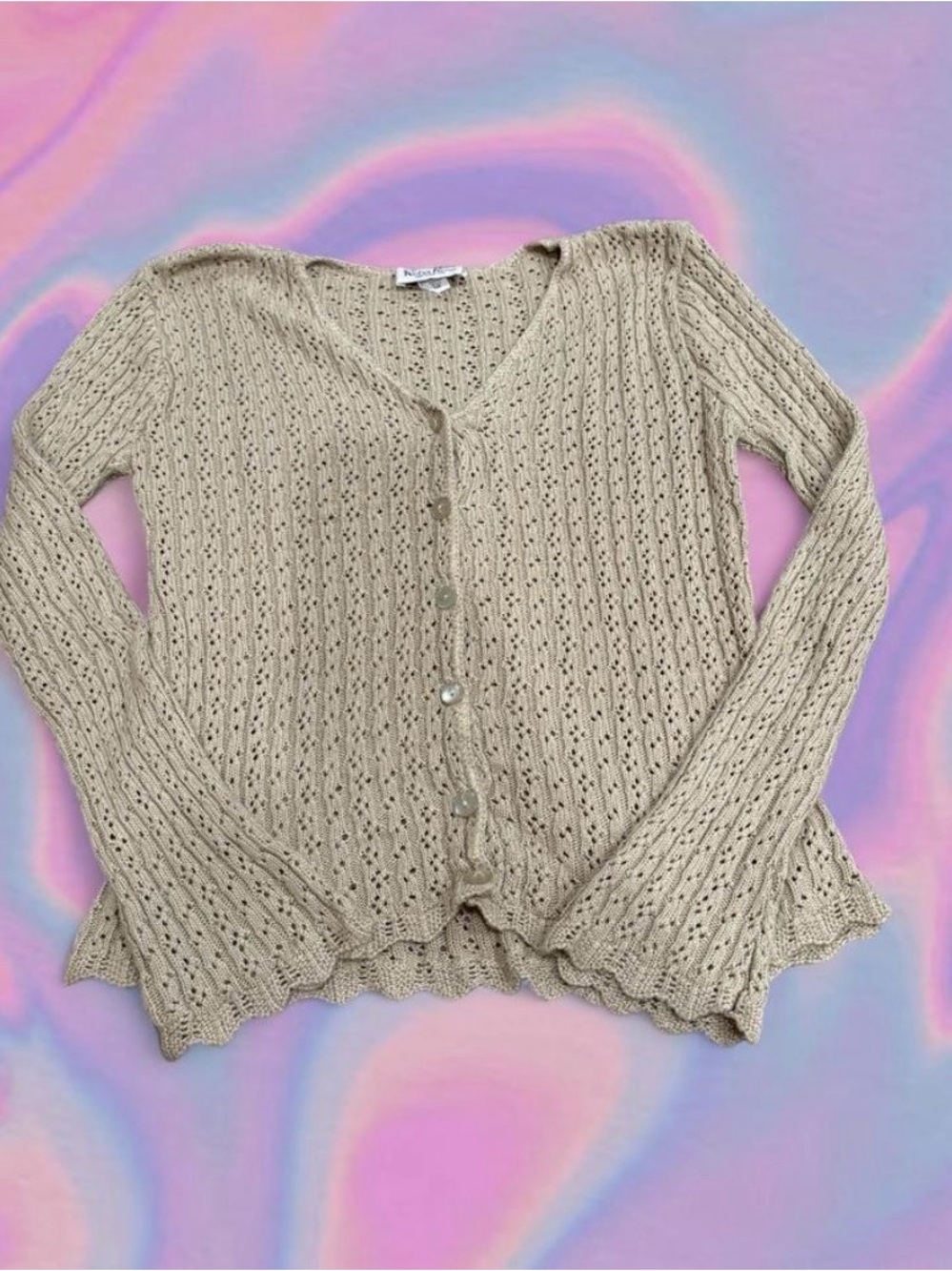 Reba Rose Beige Open-Knit Button Cardigan Sweater